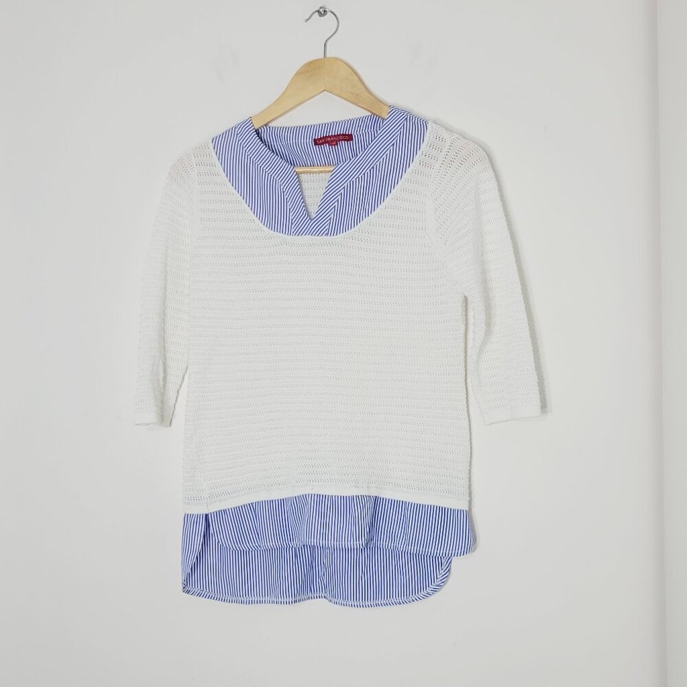 San Francisco White Crocheted Blue Striped Blouse 3/4 Sleeve Cotton Blend Sz XS